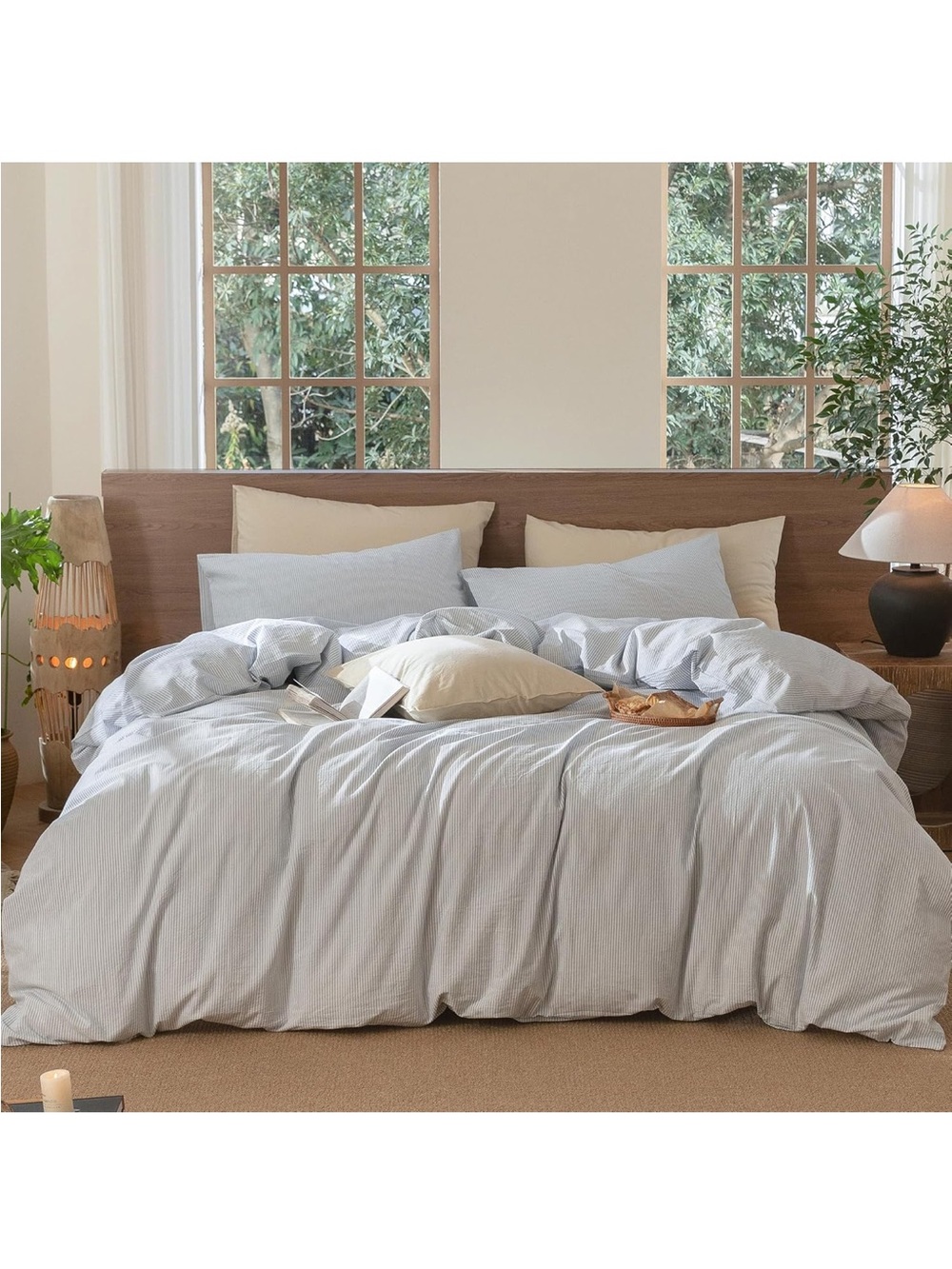 NEW MooMee Striped Duvet Cover Set 100% Washed Cotton Linen Like. Blue/White